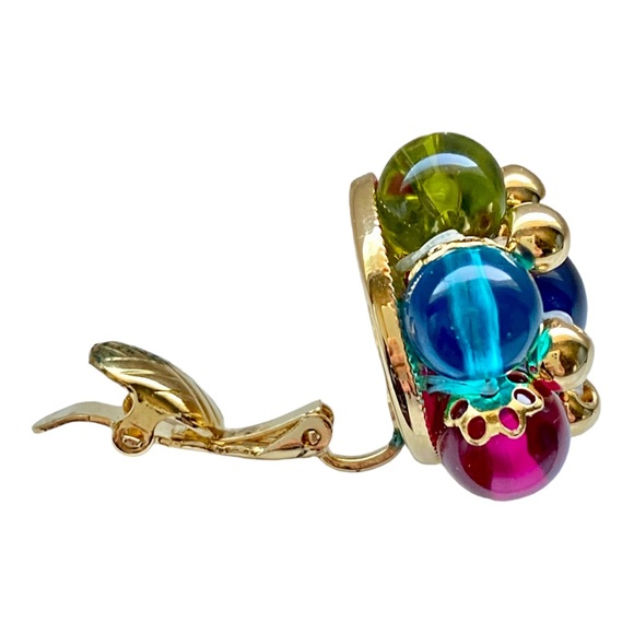Signed Trifari Jewel-Toned Glass Bead Clip Earrings - Picture 7 of 12